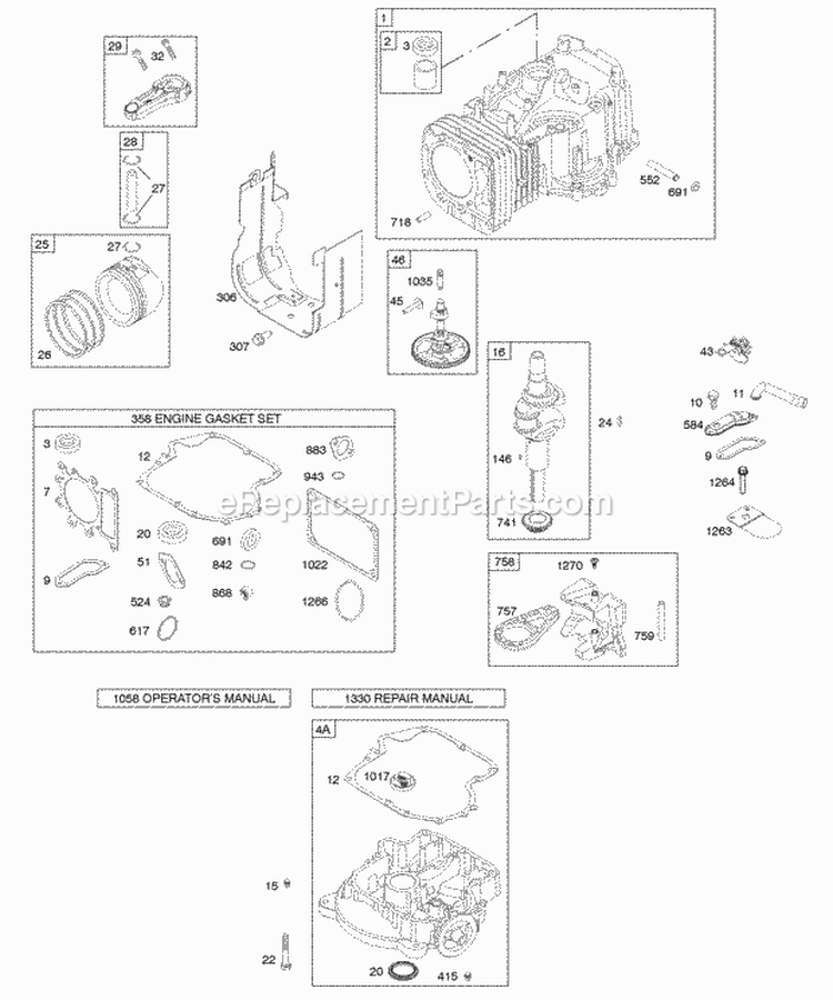 Camshaft Crankshaft Cylinder Engine Sump Gasket Set - Engine Pistons Rings Connecting Rod Diagram and Parts List for 28CH77-0036-E1  Briggs and Stratton Engine